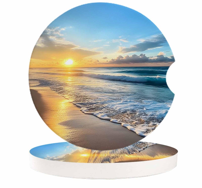SEVENBABU Small Car Coasters for Cup Holders 2.65" Absorbent 2 Pack Car Coaster Ceramic Stone for Drinks Absorb Water Drops Ocean Theme Sand Beach Wave Sea Water Pattern - Image 1